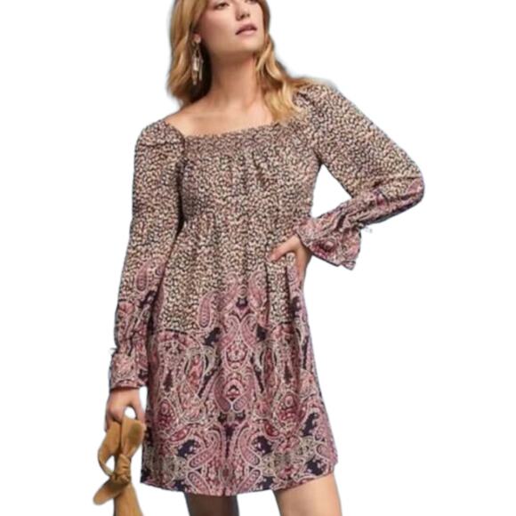 Anthropologie Maeve Milou Dress Small Paisley Boho Babydoll Long Sleeve Mini - Picture 1 of 6